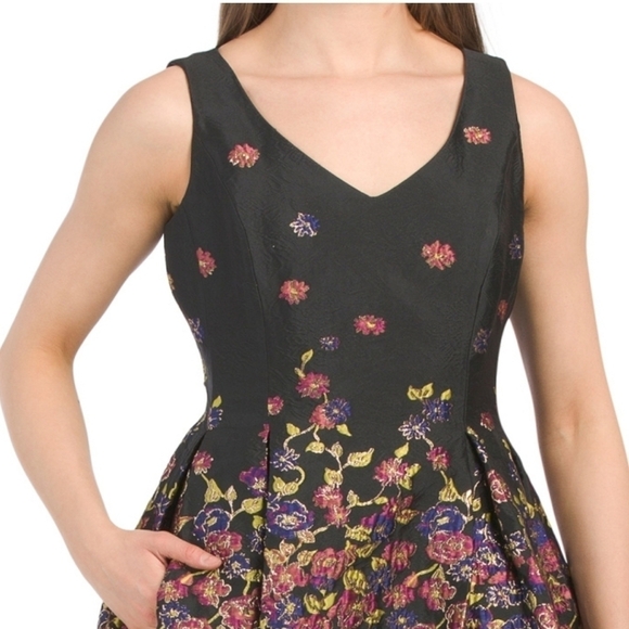 Tahari by Asl Fit and Flare Midi Metallic Floral Accents Cocktail Dress - Picture 3 of 17